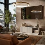Mobile porta TV Lagoa, Madia da salotto con due ante battenti, Design minimal e moderno, 150x40 h48 cm, Beige