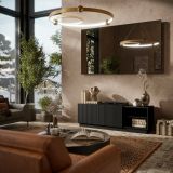 Mobile porta TV Lagoa, Madia da salotto con due ante battenti, Design minimal e moderno, 150x40 h48 cm, Nero