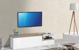 Mobile porta TV Lapo, Credenza bassa da soggiorno a 2 ante, Base porta TV, 100% Made in Italy, cm 160x40h46, Bianco lucido e Acero