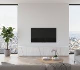 Mobile porta TV Lucas, Credenza bassa da soggiorno, Base porta TV, 100% Made in Italy, cm 244x44h46, Bianco lucido