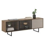 Mobile Porta tv Marrone Noce Beige 3 Ripiani 3 Ante 185x40x60h cm, Anta e Ripiani Dettaglio Vetro - Serrata