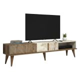 Mobile Porta tv Marrone Noce Bianco Marmo un Cassetto 2 Ripiani 180x35x40h cm, 2 Ante - Jakuchu