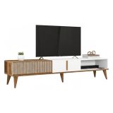 Mobile Porta tv Marrone Noce Bianco un Ripiano 3 Ante 180x35x40h cm, 2 Vani - Jakuchu