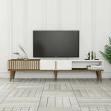 Mobile Porta tv Marrone Noce Bianco un Ripiano 3 Ante 180x35x40h cm, 2 Vani - Jakuchu