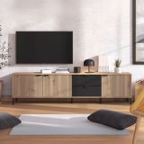 Mobile Porta tv Marrone Rovere Nodi Nero 2 Cassetti un Ripiano 208x40x54.5h cm, 3 Ante - Scapoli