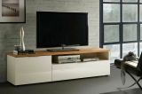 Mobile porta TV Merafong, Credenza da soggiorno, Armadio basso per TV, Base parete attrezzata, Made in Italy, 180x48h43 cm, Bianco lucido e Rovere