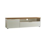 Mobile porta TV Merafong, Credenza da soggiorno, Armadio basso per TV, Base parete attrezzata, Made in Italy, 180x48h43 cm, Bianco lucido e Rovere