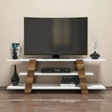 Mobile porta TV Mir, Supporto per televisione da salotto, Credenza bassa da soggiorno, Base porta TV, 120x34h42 cm, Noce e Bianco