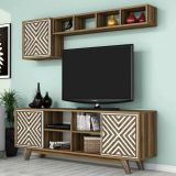 Mobile porta TV Nair, Supporto per televisione da salotto, Credenza bassa da soggiorno, Base porta TV, 160x35h56 cm, Noce e Bianco