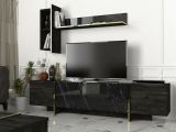 Mobile porta TV Neptura, Supporto per televisione da salotto, Credenza bassa da soggiorno, Base porta TV, 180x32h45 cm, Nero e Oro