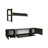 Mobile porta TV Neptura, Supporto per televisione da salotto, Credenza bassa da soggiorno, Base porta TV, 180x32h45 cm, Nero e Oro