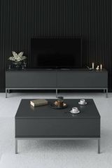 Mobile Porta tv Nero Antracite Argento Cassetti un Ripiano 180x30x47h cm, 2 Ante - Espero