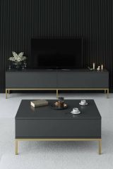 Mobile Porta tv Nero Antracite oro Cassetti un Ripiano 180x30x47h cm, 2 Ante - Espero