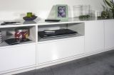 Mobile porta TV Orazio, Credenza bassa da soggiorno, Base porta TV, 100% Made in Italy, cm 260x41h46, Bianco lucido