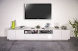 Mobile porta TV Orazio, Credenza bassa da soggiorno, Base porta TV, 100% Made in Italy, cm 260x41h46, Bianco lucido