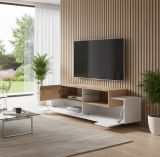 Mobile porta TV Pablo, Credenza bassa da soggiorno, Base porta TV, 100% Made in Italy, cm 160x45h51, Bianco lucido e Acero