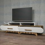 Mobile porta TV Phec, Supporto per televisione da salotto, Credenza bassa da soggiorno, Base porta TV, 205x37h50 cm, Noce e Bianco