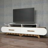 Mobile porta TV Phec, Supporto per televisione da salotto, Credenza bassa da soggiorno, Base porta TV, 205x37h50 cm, Noce e Bianco