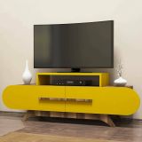 Mobile porta TV Praesepem, Credenza da soggiorno, Armadio basso per TV, Base parete attrezzata, 145x37 h50 cm, Noce e Giallo