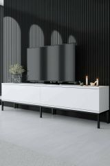 Mobile porta TV Regulus, Supporto per televisione da salotto, Credenza bassa da soggiorno, Base porta TV, 180x30h47 cm, Bianco e Nero