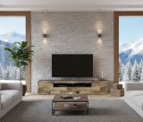 Mobile porta TV Salvatore, Credenza bassa da soggiorno a 3 ante, Base porta TV, 100% Made in Italy, cm 200x40h37, Ardesia e Acero, con luce LED
