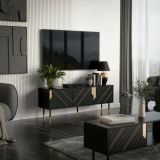 Mobile porta TV Seia, Madia da salotto con tre ante battenti e due vani interni, Rialzato da terra, 154x40 h55 cm, Nero e Oro