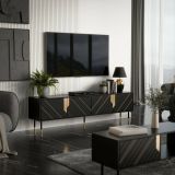 Mobile porta TV Seixal, Madia da salotto con quattro ante battenti e quattro vani interni, Rialzato da terra, 204x40 h55 cm, Nero e Oro