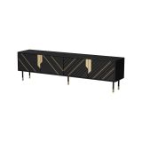 Mobile porta TV Seixal, Madia da salotto con quattro ante battenti e quattro vani interni, Rialzato da terra, 204x40 h55 cm, Nero e Oro