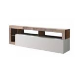 Mobile porta TV Serraia, Credenza da soggiorno, Armadio basso per TV, Base parete attrezzata, Made in Italy, 184x42 h58 cm, Bianco lucido e Acacia