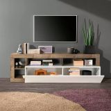 Mobile porta TV Serraia, Credenza da soggiorno, Armadio basso per TV, Base parete attrezzata, Made in Italy, 184x42 h58 cm, Bianco lucido e Acacia