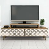 Mobile porta TV Sheratan, Supporto per televisione da salotto, Credenza bassa da soggiorno, Base porta TV, 140x42h49 cm, Noce e Bianco