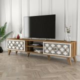 Mobile porta TV Skat, Supporto per televisione da salotto, Credenza bassa da soggiorno, Base porta TV, 180x35h44 cm, Noce e Bianco