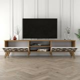 Mobile porta TV Skat, Supporto per televisione da salotto, Credenza bassa da soggiorno, Base porta TV, 180x35h44 cm, Noce e Bianco