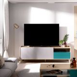 Mobile porta TV Tamaro, Credenza bassa da soggiorno, Madia da salotto per televisione, 155x43h47 cm, Rovere e Grigio