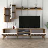 Mobile porta TV Tariq, Supporto per televisione da salotto, Credenza bassa da soggiorno, Base porta TV, 180x35h44 cm, Noce e Bianco
