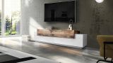 Mobile porta TV Teo, Credenza bassa da soggiorno, Base porta TV, 100% Made in Italy, cm 200x45h52, Bianco lucido e Acero