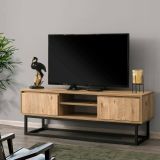 Mobile porta TV Themis, Supporto per televisione da salotto, Credenza bassa da soggiorno, Base porta TV, Nero e Quercia, 140x40h50 cm