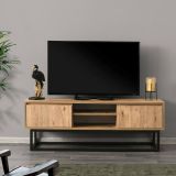 Mobile porta TV Themis, Supporto per televisione da salotto, Credenza bassa da soggiorno, Base porta TV, Nero e Quercia, 140x40h50 cm