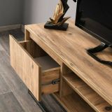 Mobile porta TV Themis, Supporto per televisione da salotto, Credenza bassa da soggiorno, Base porta TV, Nero e Quercia, 140x40h50 cm