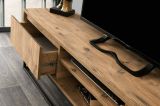 Mobile porta TV Themis, Supporto per televisione da salotto, Credenza bassa da soggiorno, Base porta TV, Nero e Quercia, 180x40h50 cm