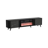 Mobile porta TV Tomar, Madia da salotto con due ante battenti e camino elettrico, Rialzato da terra, 191x40 h58 cm, Marmo e Nero