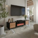 Mobile porta TV Tomar, Madia da salotto con due ante battenti e camino elettrico, Rialzato da terra, 191x40 h58 cm, Nero e Noce