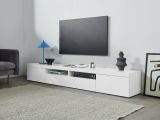 Mobile porta TV Ulisse, Credenza bassa da soggiorno a 3 ante, Base porta TV, 240x40h35 cm, Bianco lucido