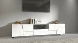 Mobile porta TV Vanni, Credenza bassa da soggiorno con 4 ante e 1 cassetto, Base porta TV, 220x44h46 cm, Bianco lucido