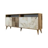 Mobile porta TV Virgo, Credenza da soggiorno, Armadio basso per TV, Base parete attrezzata, 180x35 h79 cm, Noce e Bianco Marmo