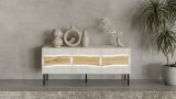 Mobile porta TV Vizela, Madia da salotto con ante battenti e vani interni, Con luci led, Rialzato da terra, 144x40 h62 cm, Beige e Rovere Nodi