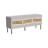Mobile porta TV Vizela, Madia da salotto con ante battenti e vani interni, Con luci led, Rialzato da terra, 144x40 h62 cm, Beige e Rovere Nodi