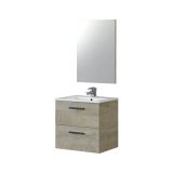 Mobile sottolavabo Fontana, Mobiletto per bagno a 2 cassetti, Armadietto sospeso con specchio, lavabo non incluso, 60x45h57 cm, Rovere