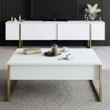 Mobile TV 180x30x50h cm Bianco e Oro con 2 Ante e Ripiano, Mobile Basso Salvaspazio in Legno e Metallo per Soggiorno Moderno – Abishia