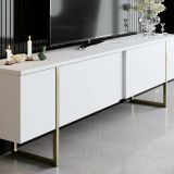 Mobile TV 180x30x50h cm Bianco e Oro con 2 Ante e Ripiano, Mobile Basso Salvaspazio in Legno e Metallo per Soggiorno Moderno – Abishia